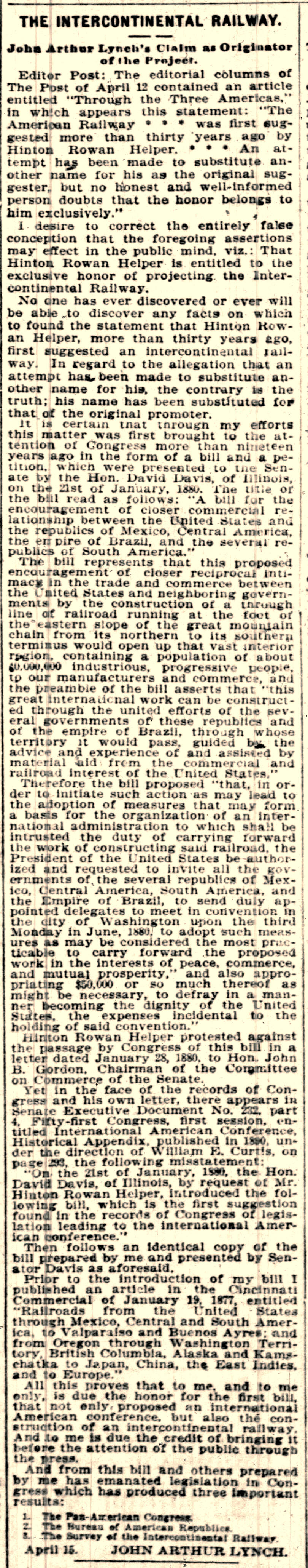 The Intercontinental Railway article/claim by John Arthur Lynch, published in the Washington Post on Tuesday, April 18, 1899