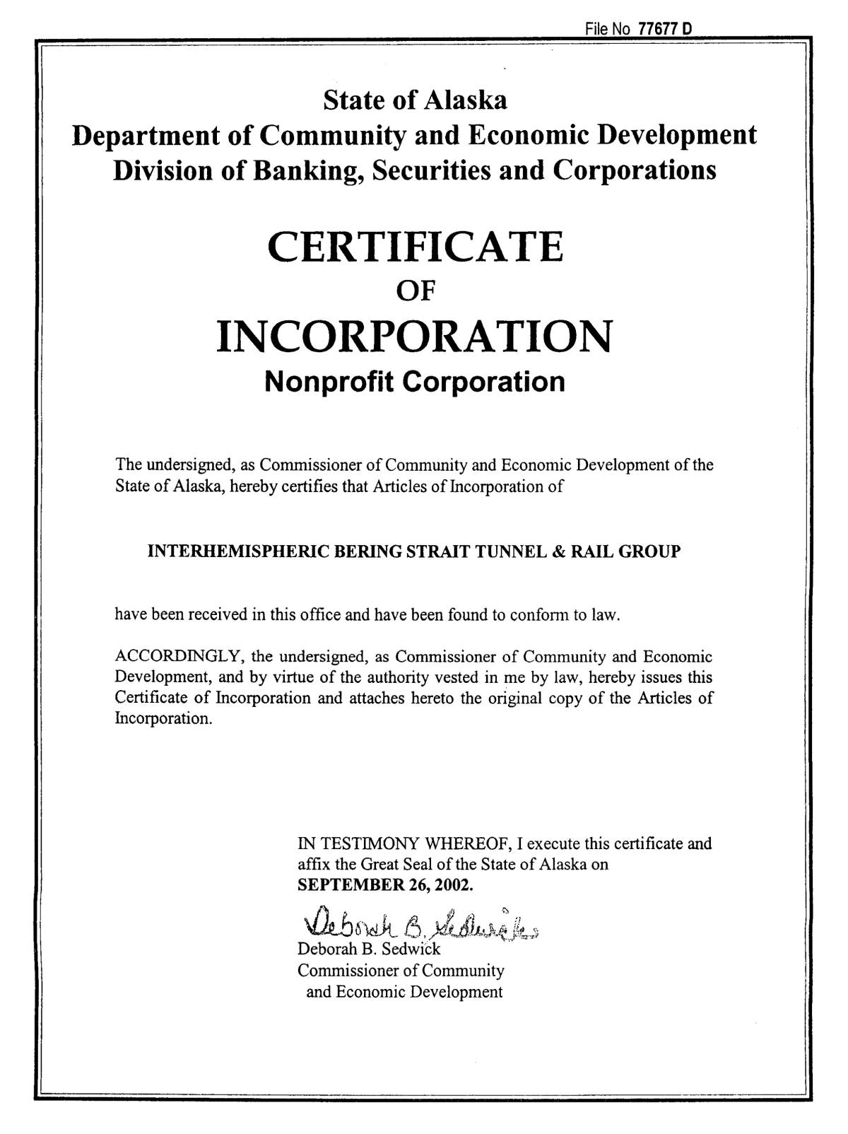 IBSTRG Certificate of Incorporation, 2002