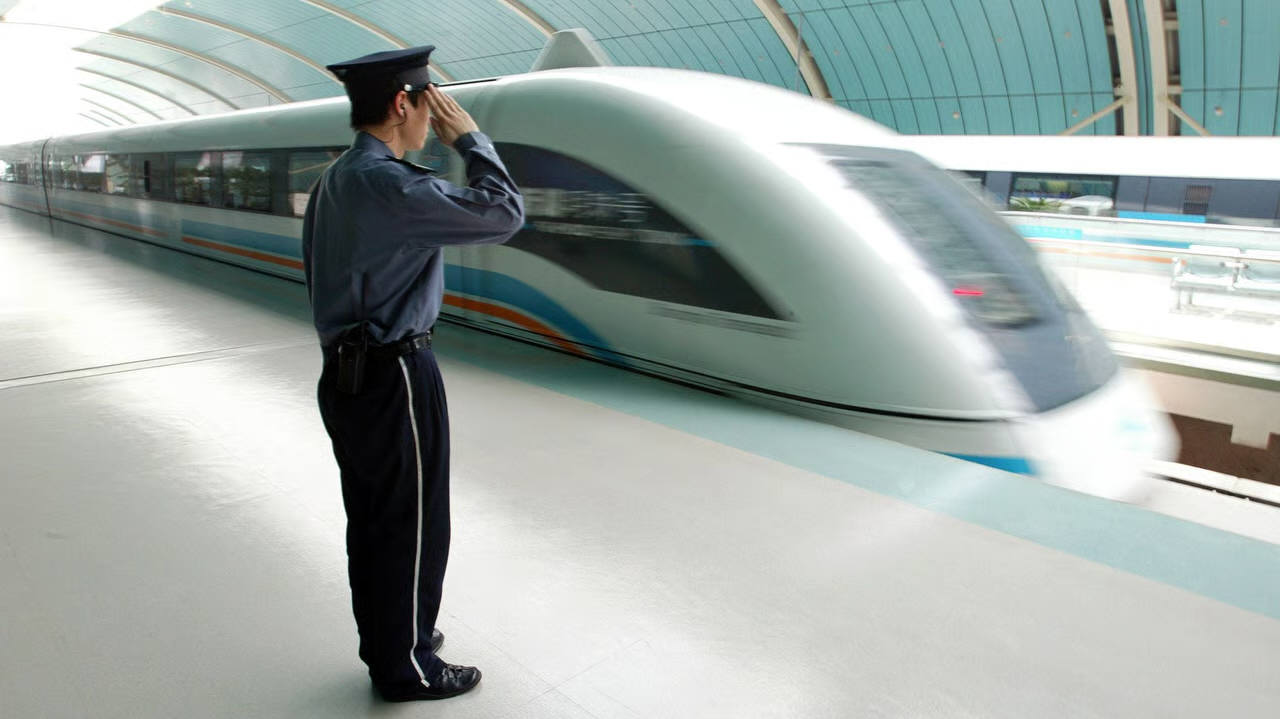 A magnetic-levitation train leaves Shanghai