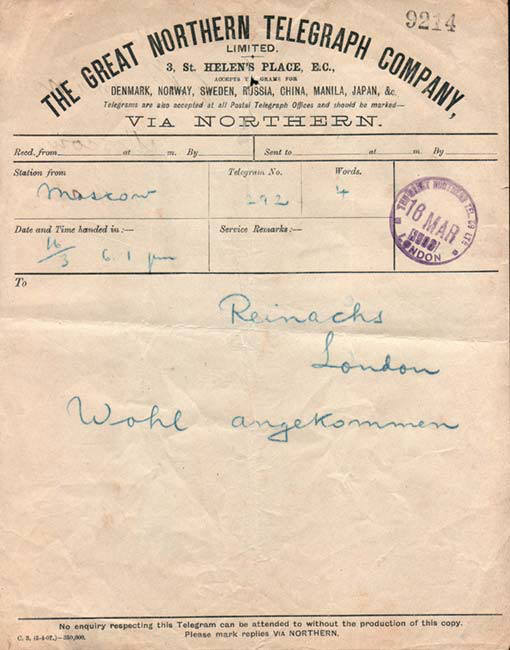 Telegram form of The Great Northern Telegraph Company, Moscow to London, 1908