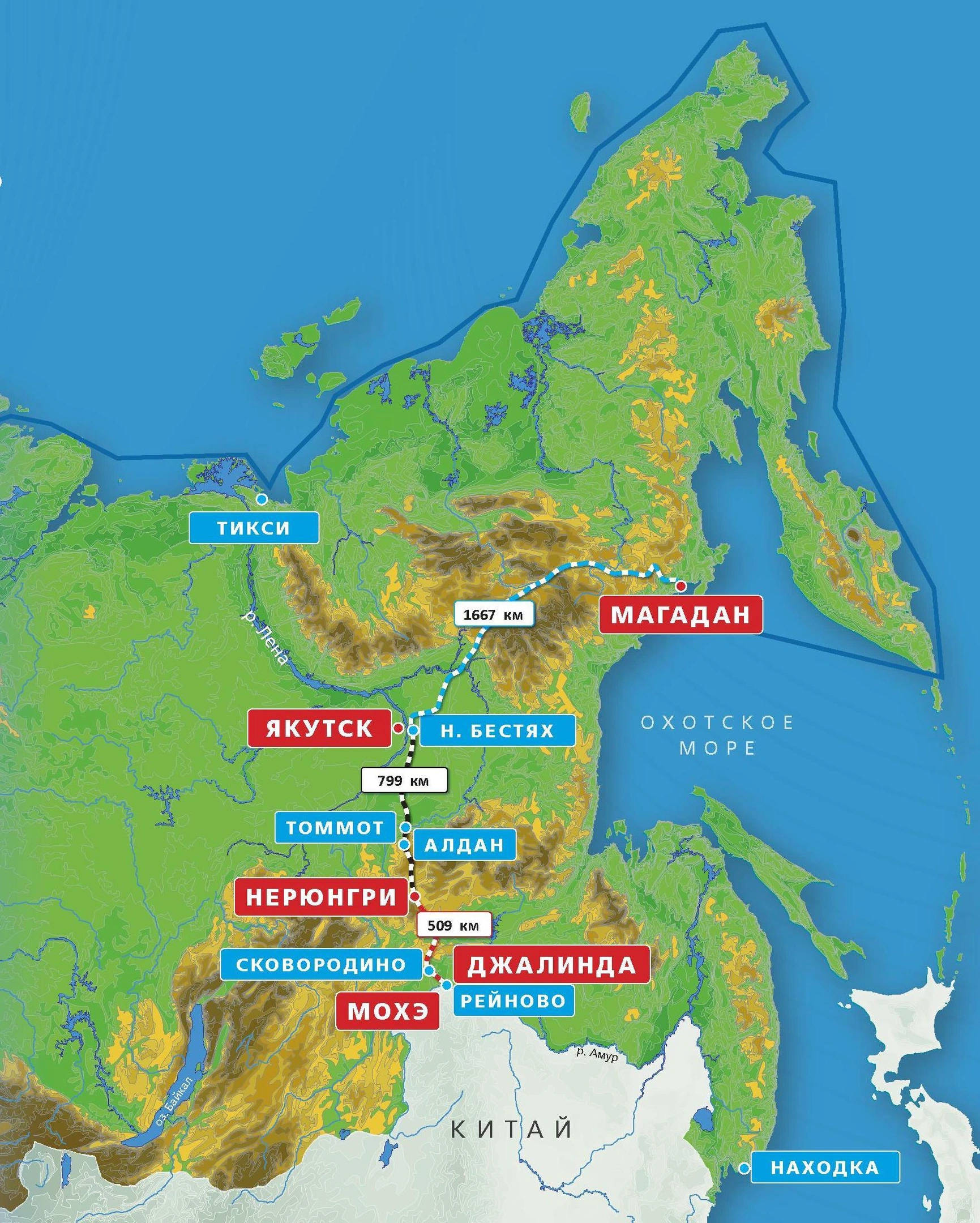 Карта
железной
дороги Якутск
&mdash; Магадан &mdash;
Китай